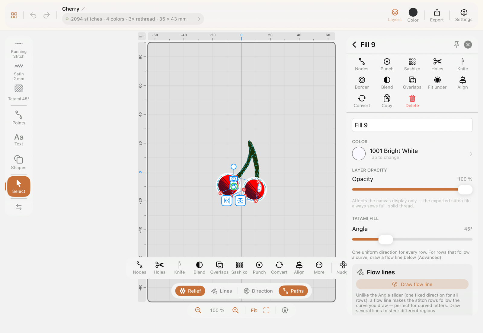 The object inspector with colour, opacity and tatami parameters open next to the canvas