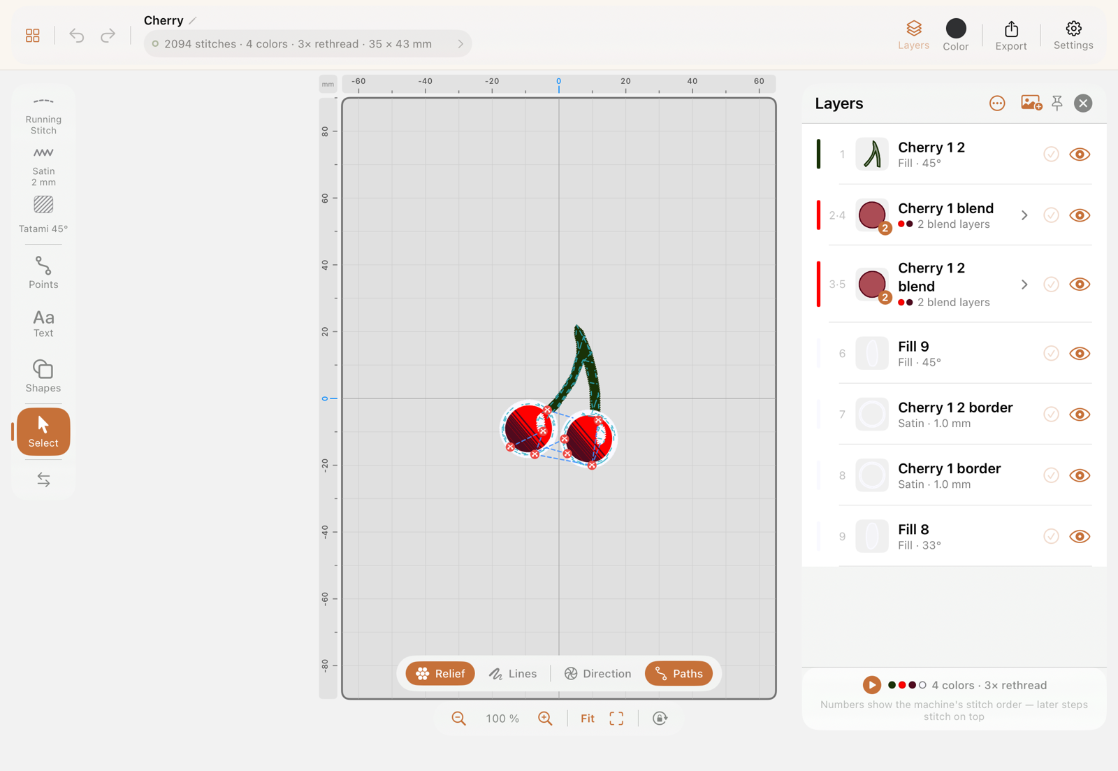 The layers panel showing objects, blend groups and their sew order